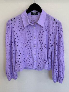 ITOO ITALY Lavender Eyelet Lace Blouse Top Crop Balloon Sleeve Purple Cutout MED
